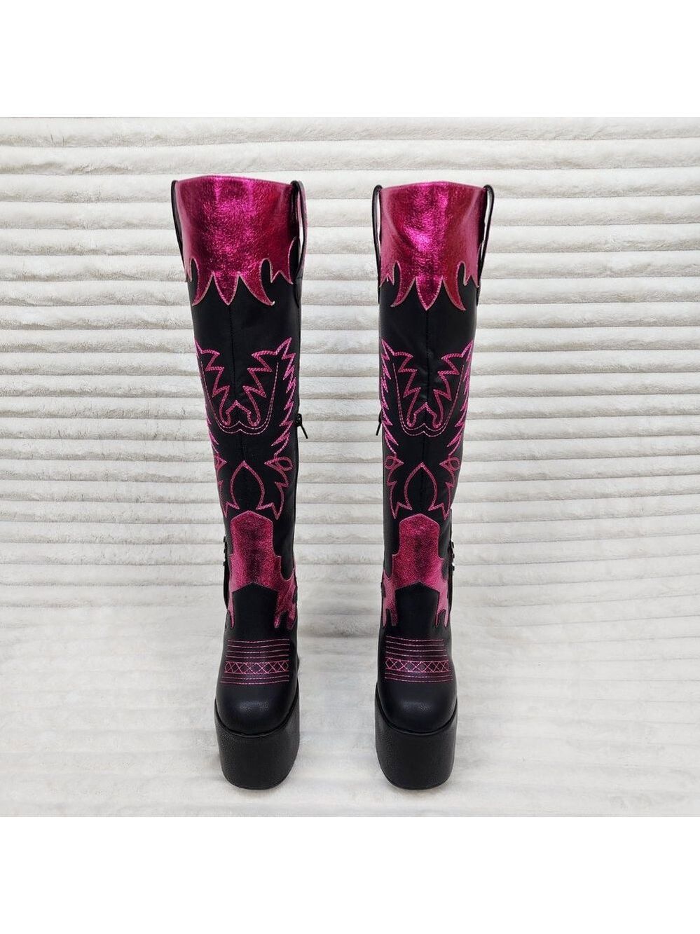 Free Your Mind Western Designed Platform Chunky Heel Knee Boots Festival Gothic - Picture 7 of 17